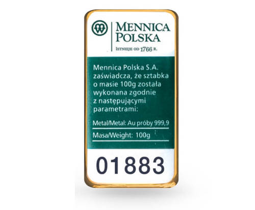 Sztabka Złota - Mennica Polska - 100 g (odlewana)
